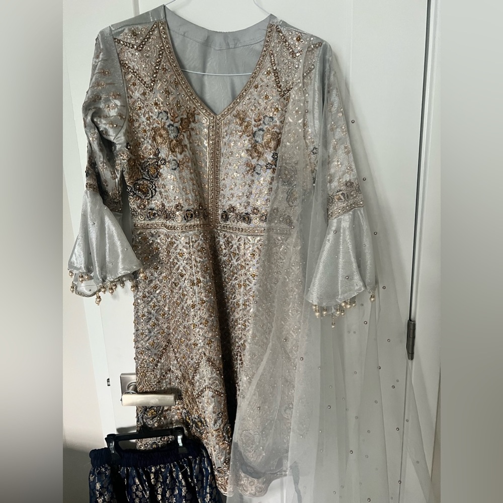 Pakistani Bridal Gharara Silver and Navy